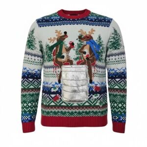 Blizzard Bay Moose Drinking Beer Christmas Sweater With Bottle/Can Pocket Size M